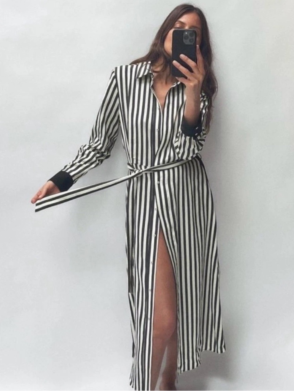 Zara Navy & White Striped Button-Front Maxi Shirt Dress